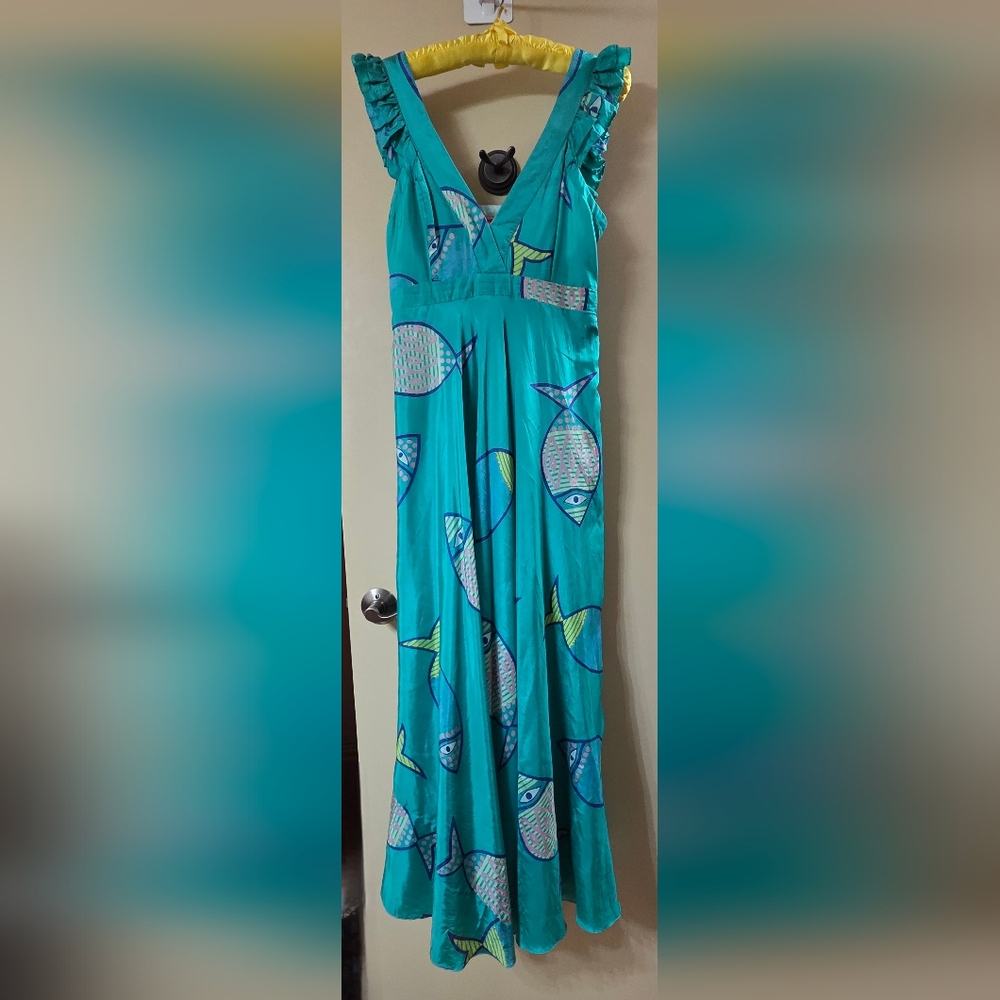 Anthropologie Anupamaa Blue A-Line Maxi Dress Resort Wear Fish